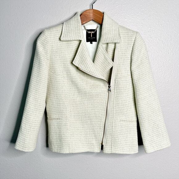 Ted Baker Jackets & Blazers - Ted Baker Size 2 Noira Tweed Boucle Moto Jacket Pale Green Gold Threaded